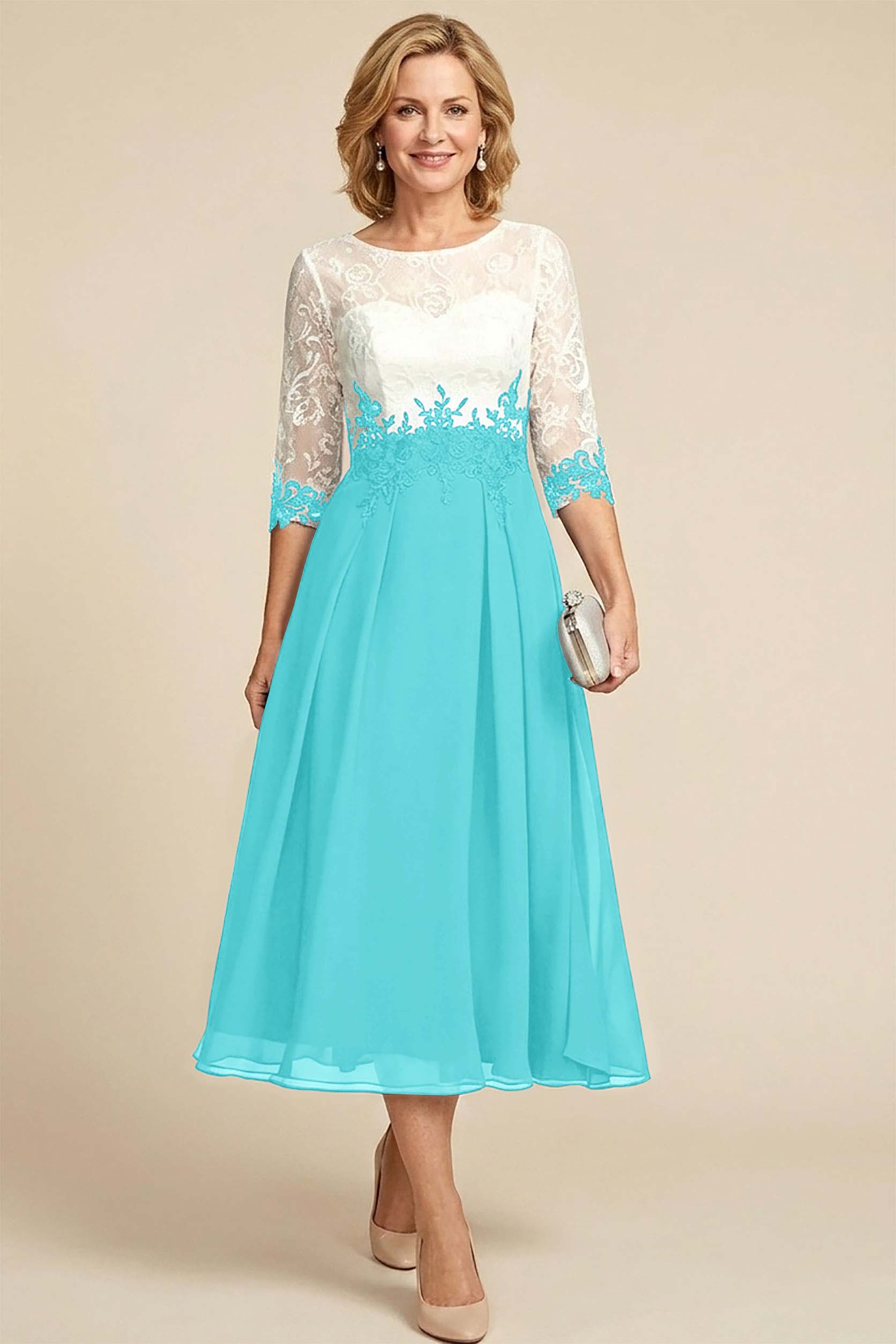 Navy Blue 3/4 Sleeve Two-Tone Lace Chiffon Mother Dresses