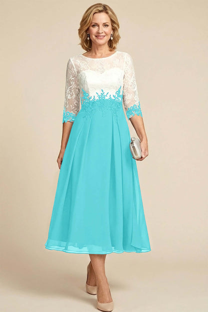 Navy Blue 3/4 Sleeve Two-Tone Lace Chiffon Mother Dresses