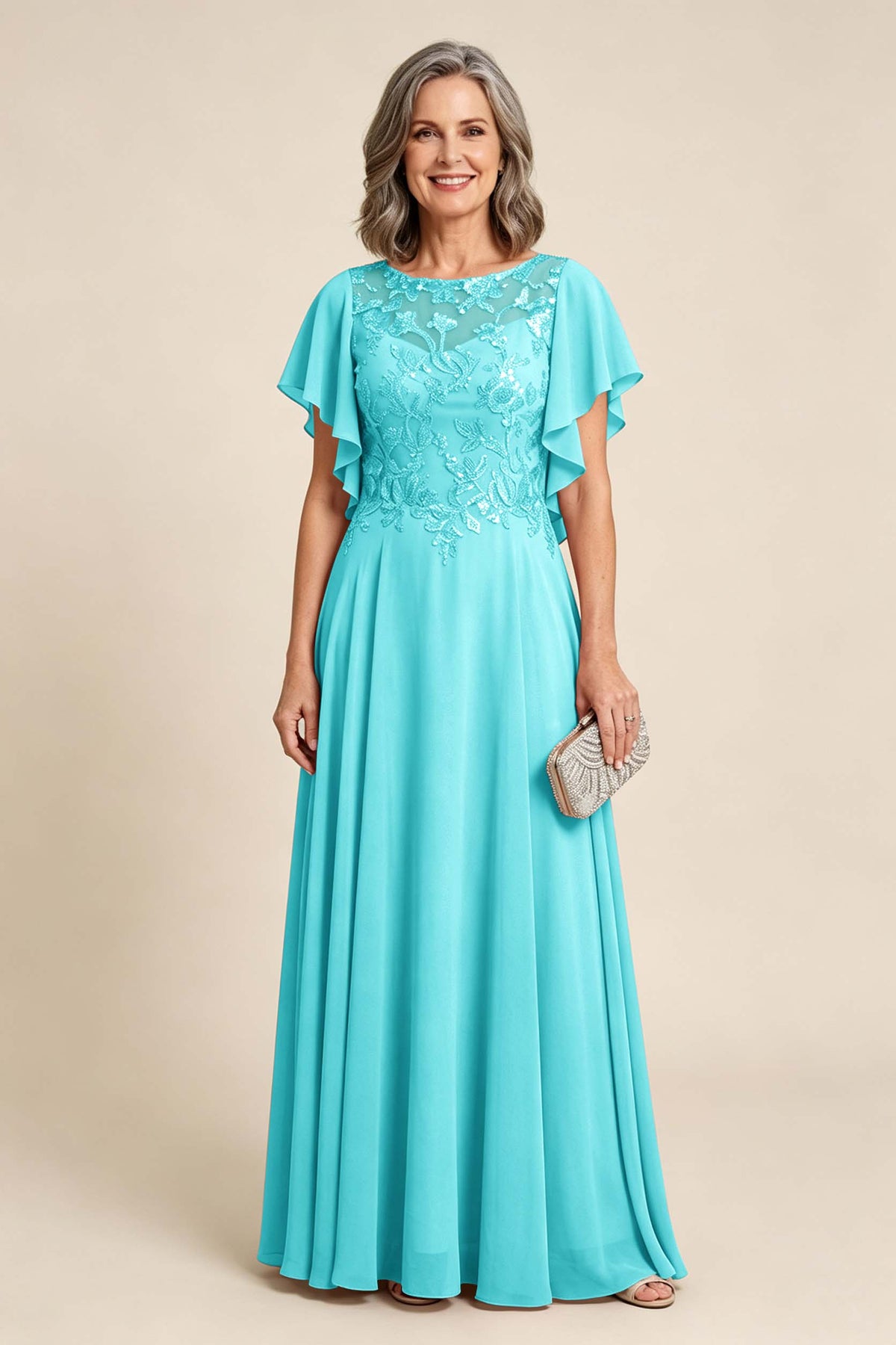 Lilac Scoop Neck Flutter Sleeve Lace Appliques Chiffon Mother Dresses