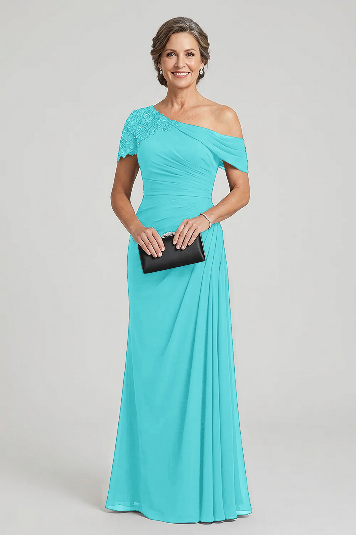 Black One-Shoulder Beaded Ruched Chiffon Mother Dresses