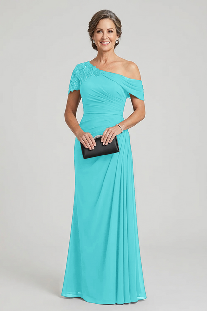 Black One-Shoulder Beaded Ruched Chiffon Mother Dresses