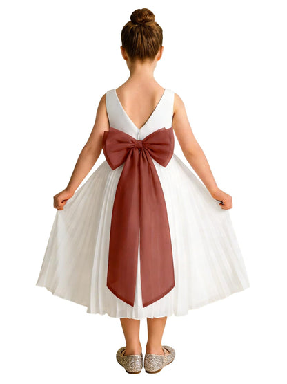 Elegant A-Line Pleated Chiffon Flower Girl Dress with Big Bow Sash