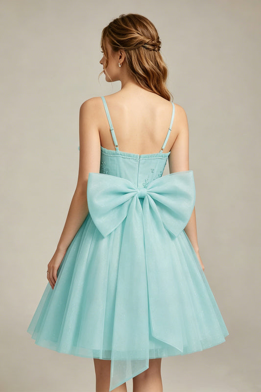 A-Line Light Cyan Sweetheart Tulle Homecoming Dresses with Lace Appliques