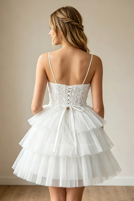 White Corset Tulle Short Homecoming Dresses With Tiered Ruffle