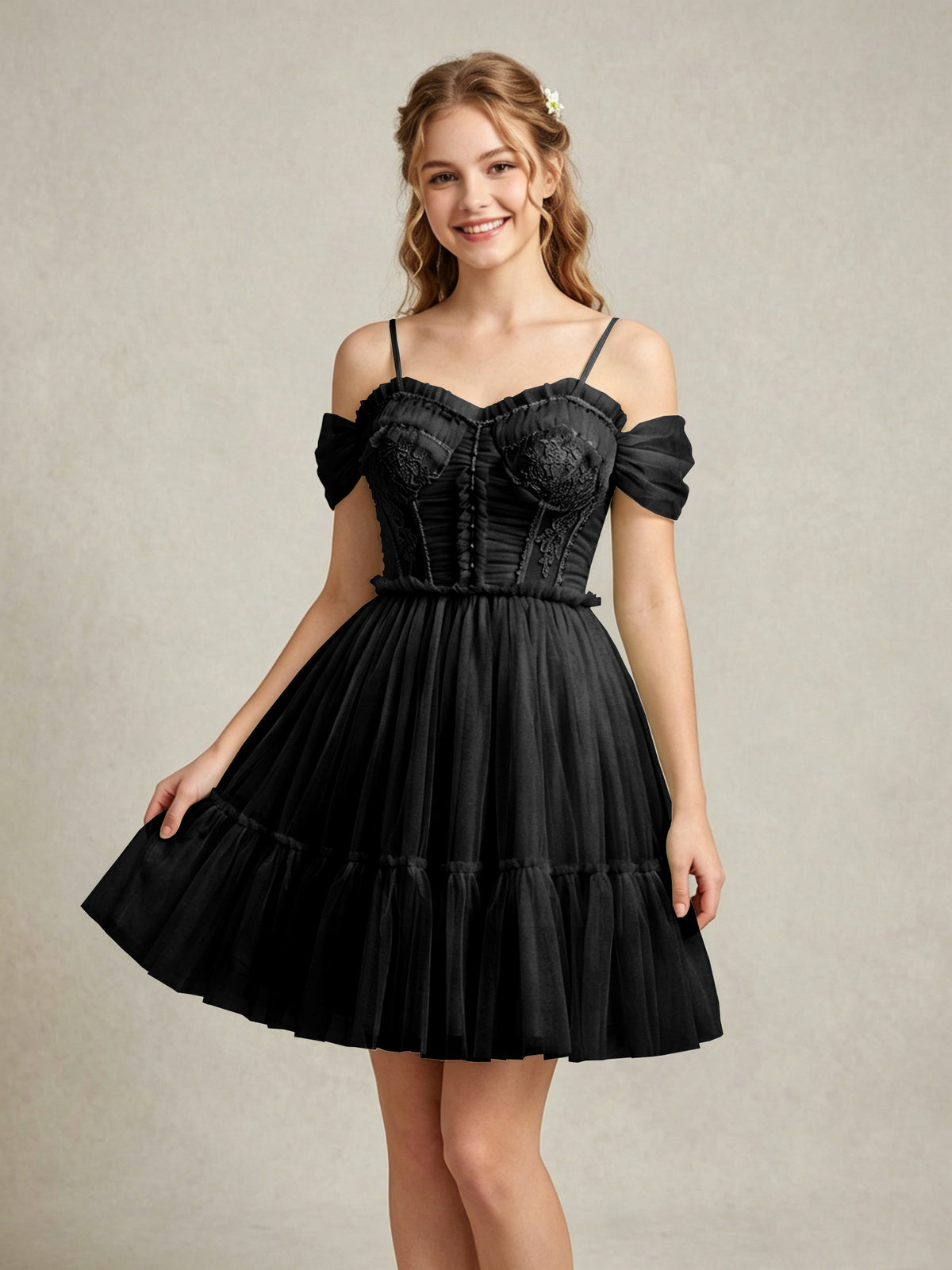 Cold Shoulder Lilac Tulle Dresses with Corset Bodice and Lace Appliques