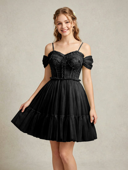 Cold Shoulder Lilac Tulle Dresses with Corset Bodice and Lace Appliques