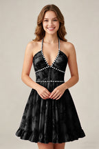 Crystal Halter Neck Blush Pink Floral Chiffon Mini Homecoming Dresses