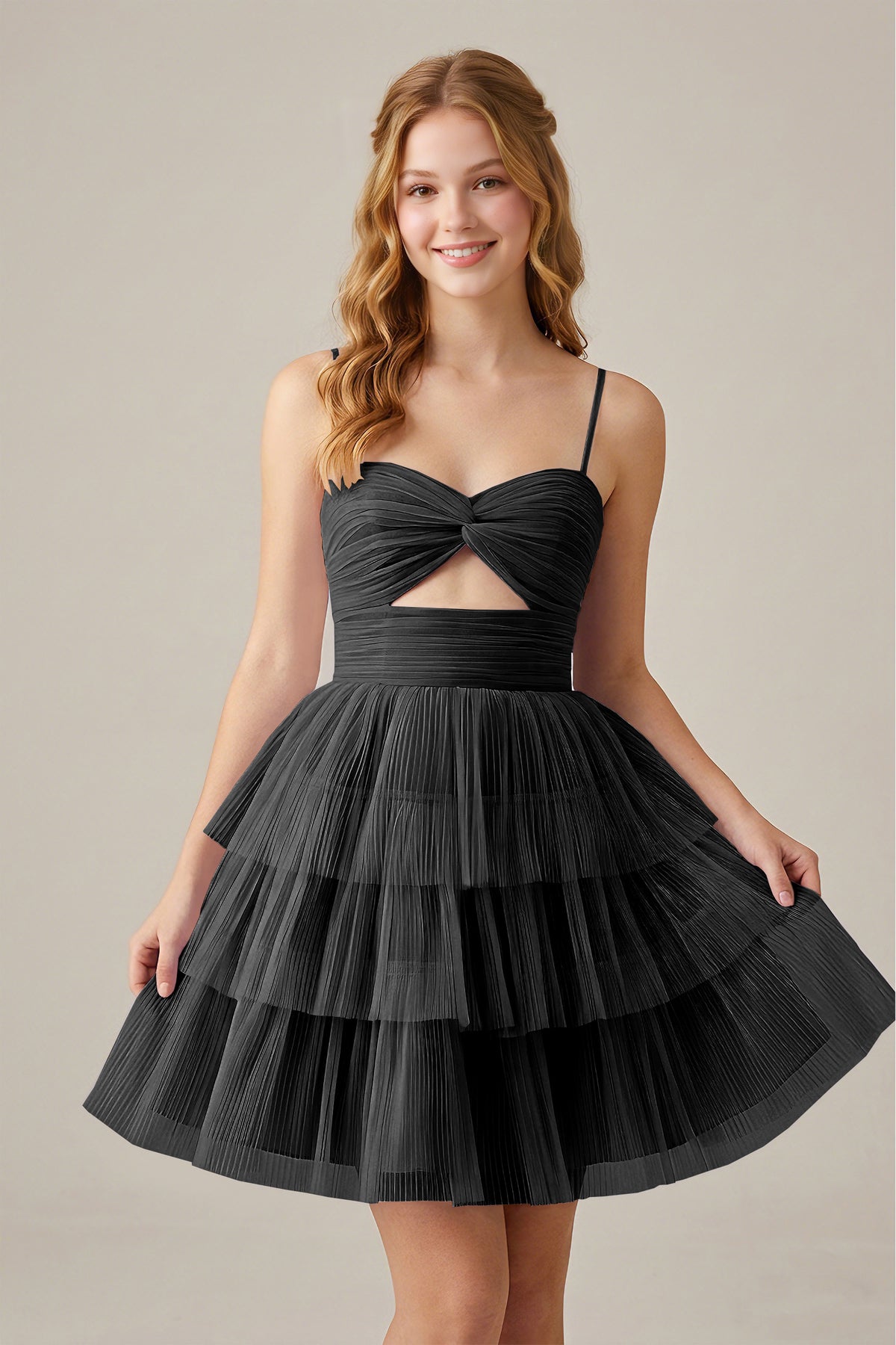 Olive Green Sleeveless Pleated Tulle Cutout Tiered Homecoming Dresses