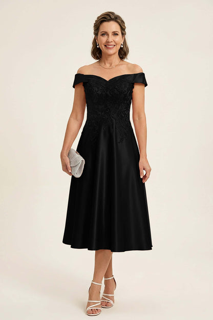 Peach Pink Off Shoulder Imitation Stretch Satin Tea-Length Mother Dresses