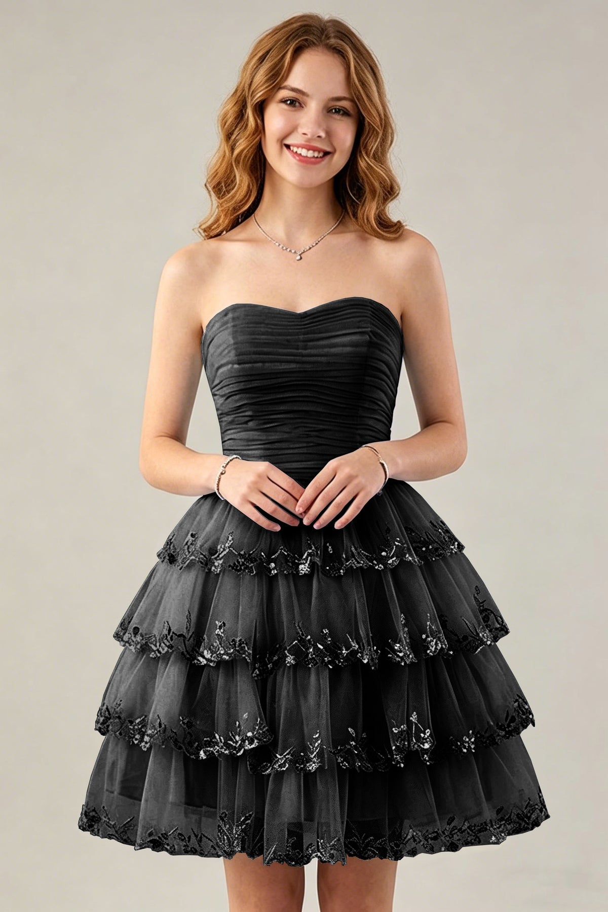 Strapless Light Blue Tulle Tiered Homecoming Dresses with Beaded Lace Trim