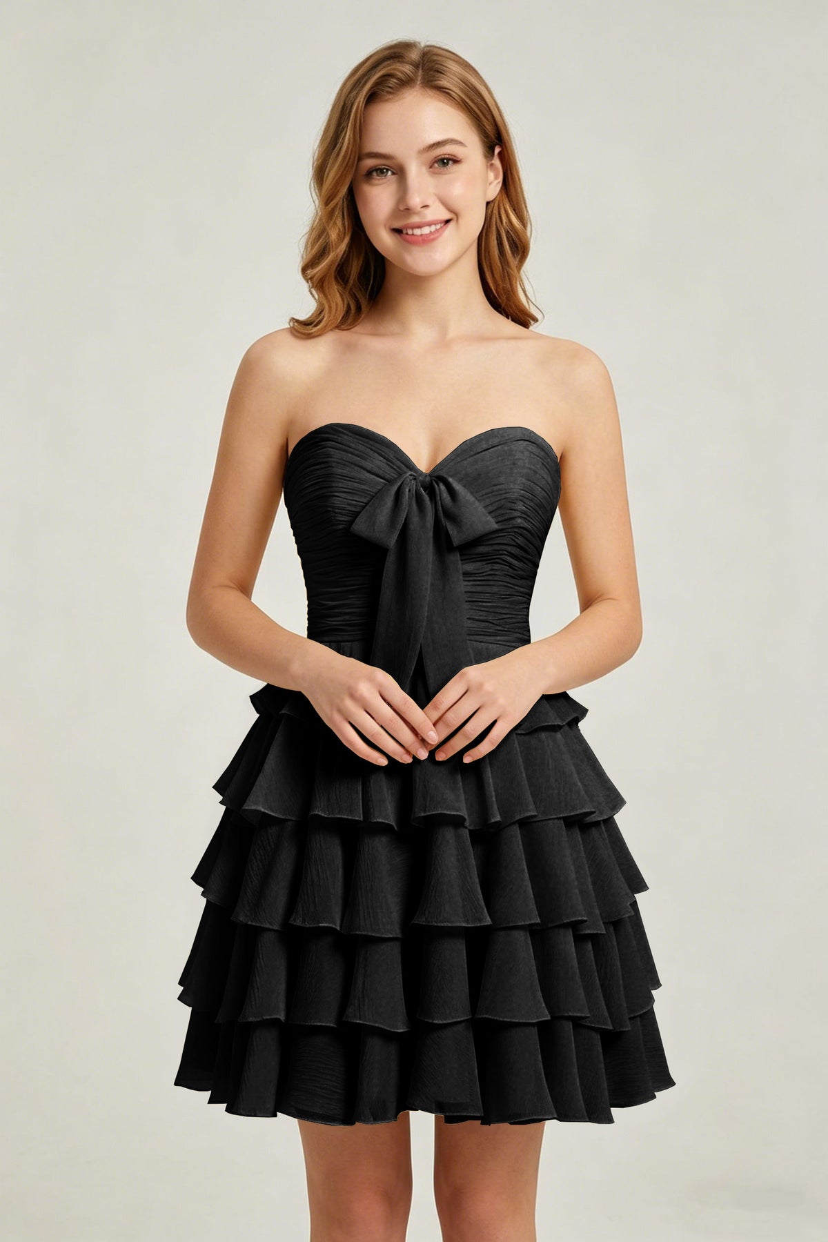 Strapless Yellow Chiffon Tiered Short Homecoming Dresses with Bow