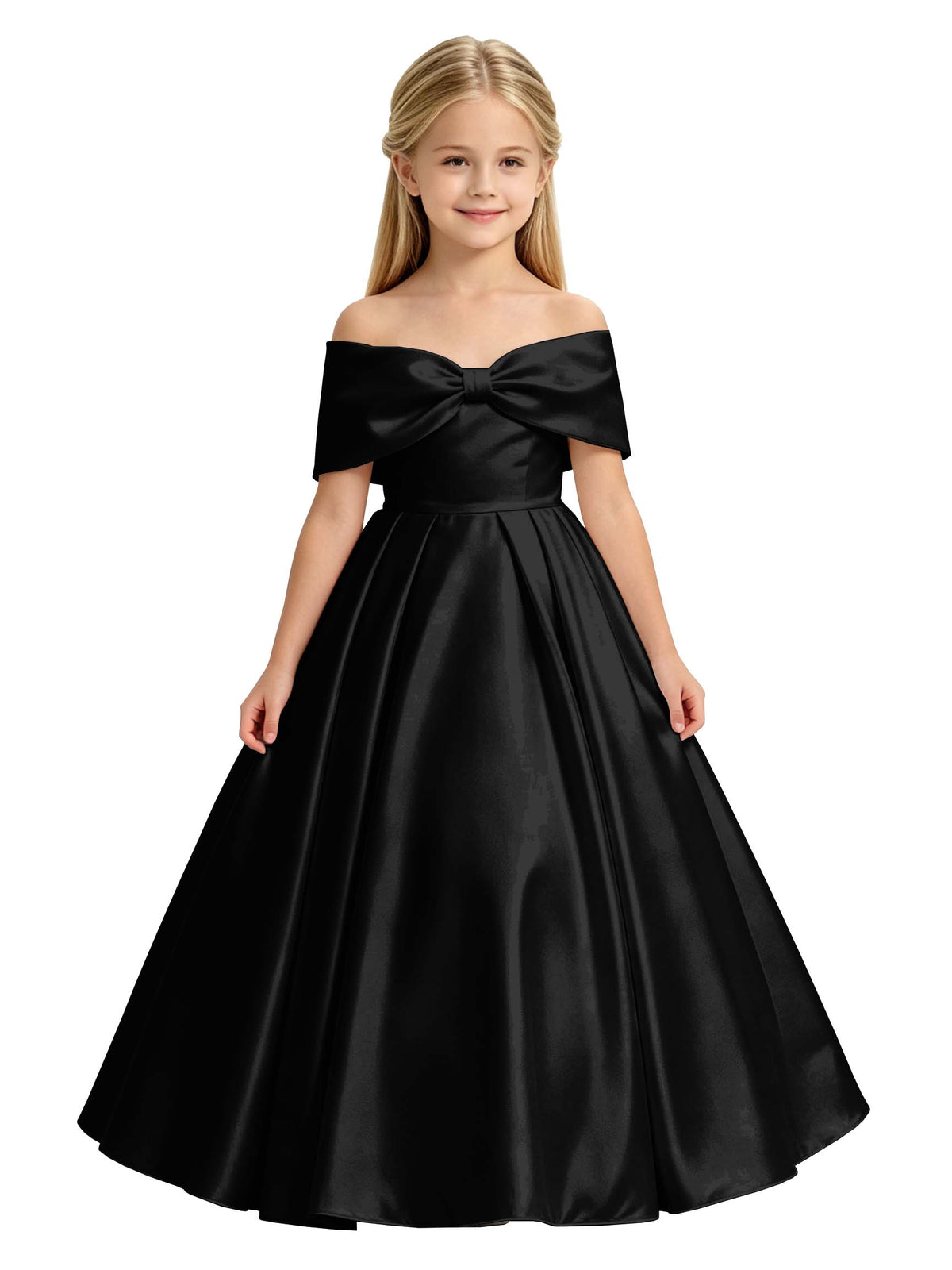 Off-the-Shoulder Satin Ball Gown Flower Girl Dress with Big Back Bow