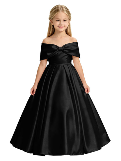 Off-the-Shoulder Satin Ball Gown Flower Girl Dress with Big Back Bow