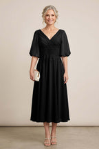 Dusty Blue V-Neck Lace Chiffon Tea-Length Mother Dresses
