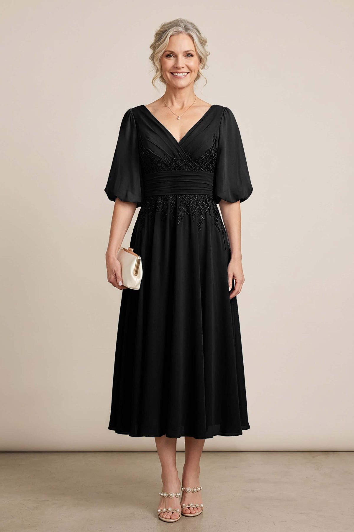 Dusty Blue V-Neck Lace Chiffon Tea-Length Mother Dresses