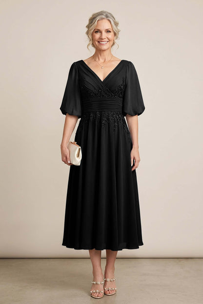 Dusty Blue V-Neck Lace Chiffon Tea-Length Mother Dresses