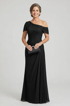 Black One-Shoulder Beaded Ruched Chiffon Mother Dresses