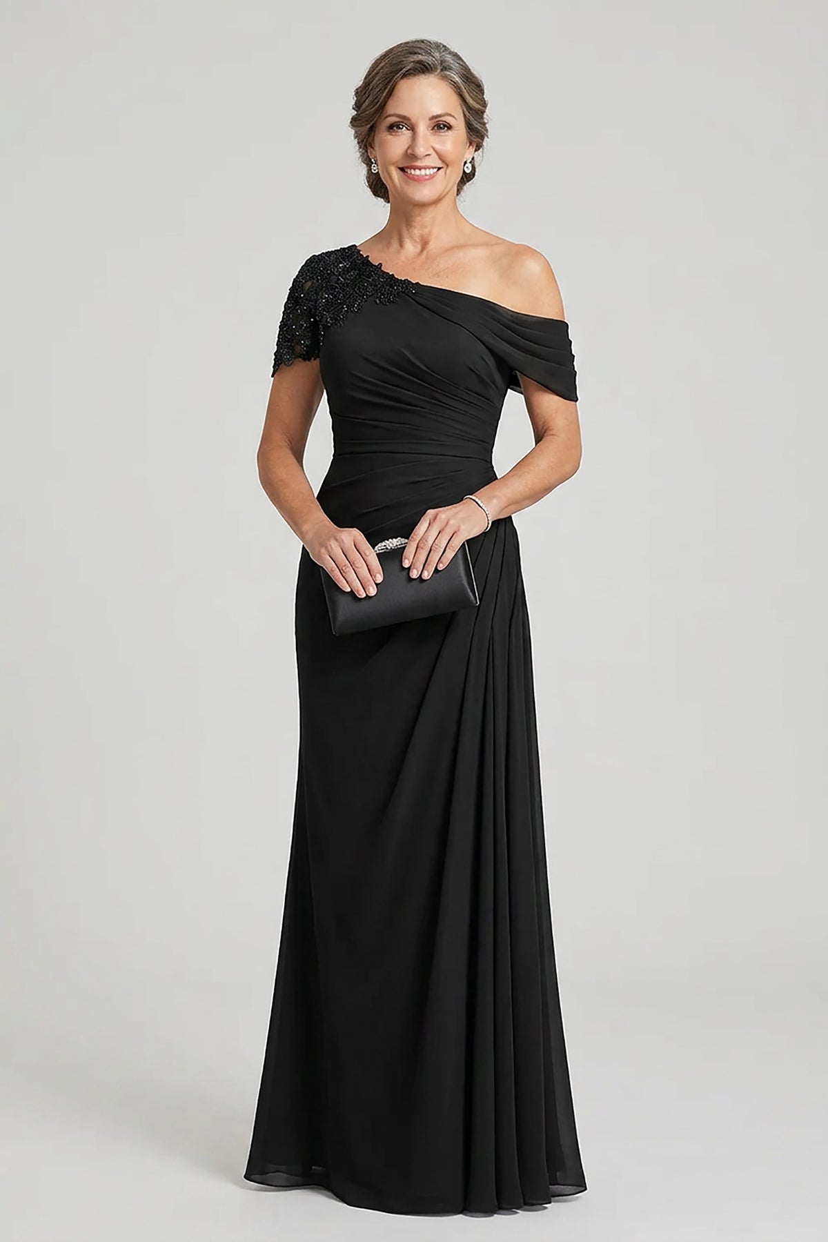 Black One-Shoulder Beaded Ruched Chiffon Mother Dresses