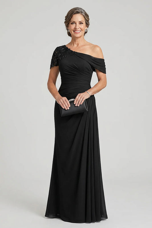 Black One-Shoulder Beaded Ruched Chiffon Mother Dresses