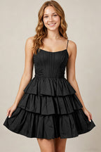 Spaghetti Straps Black Taffeta Tiered Mini Homecoming Dresses