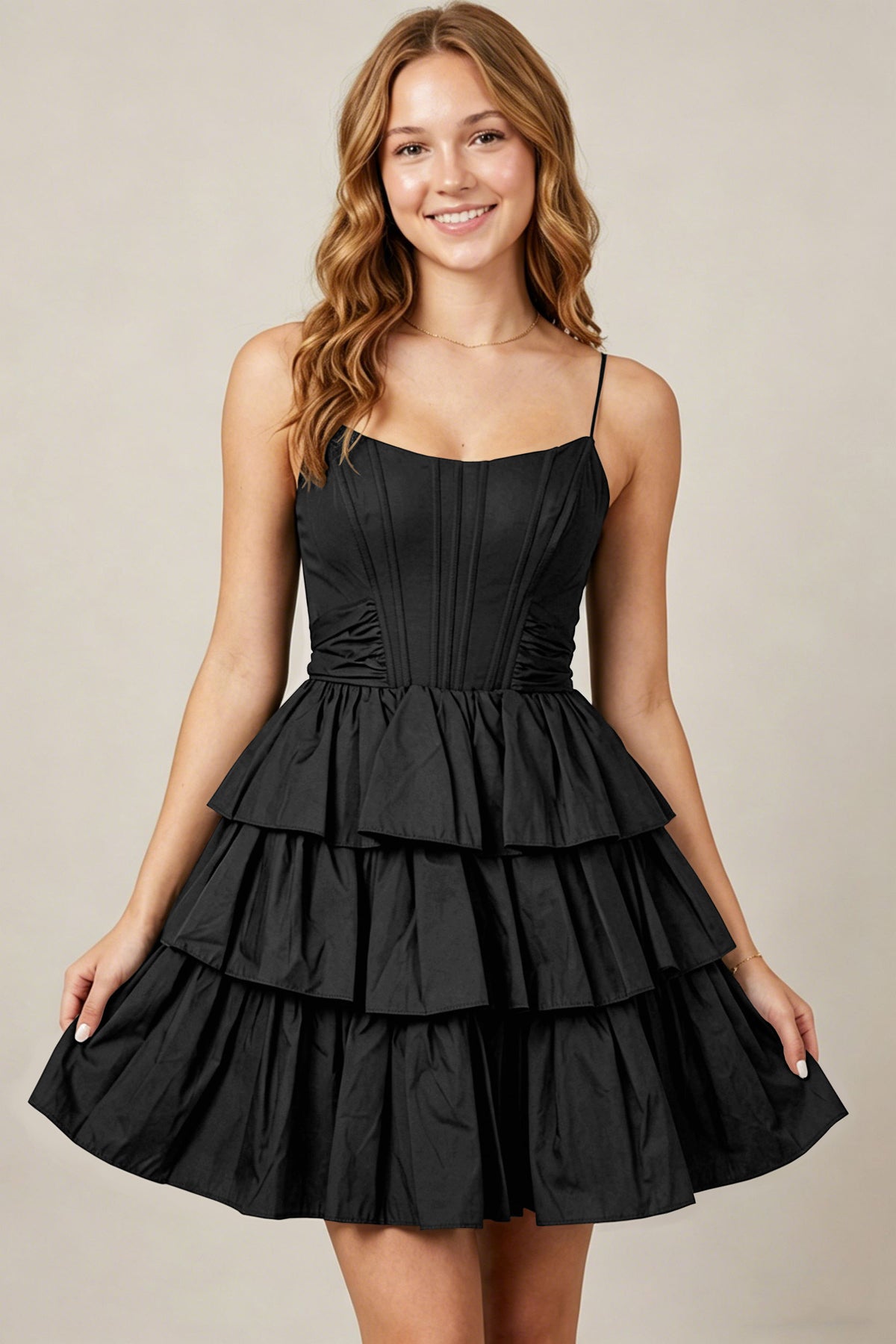 Spaghetti Straps Black Taffeta Tiered Mini Homecoming Dresses