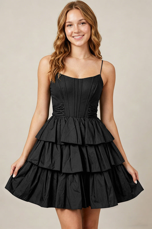 Spaghetti Straps Black Taffeta Tiered Mini Homecoming Dresses