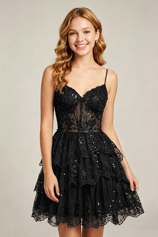Sweetheart V-Neck Black Lace appliques Homecoming Dresses with Sequins