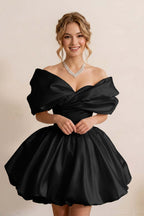 Ivory Off-the-Shoulder Bubble Hem Satin Homecoming Dresses