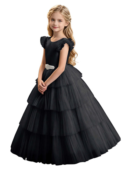 Sky Blue Tiered Tulle Flower Girl Dress with Rhinestone Belt & V-Back