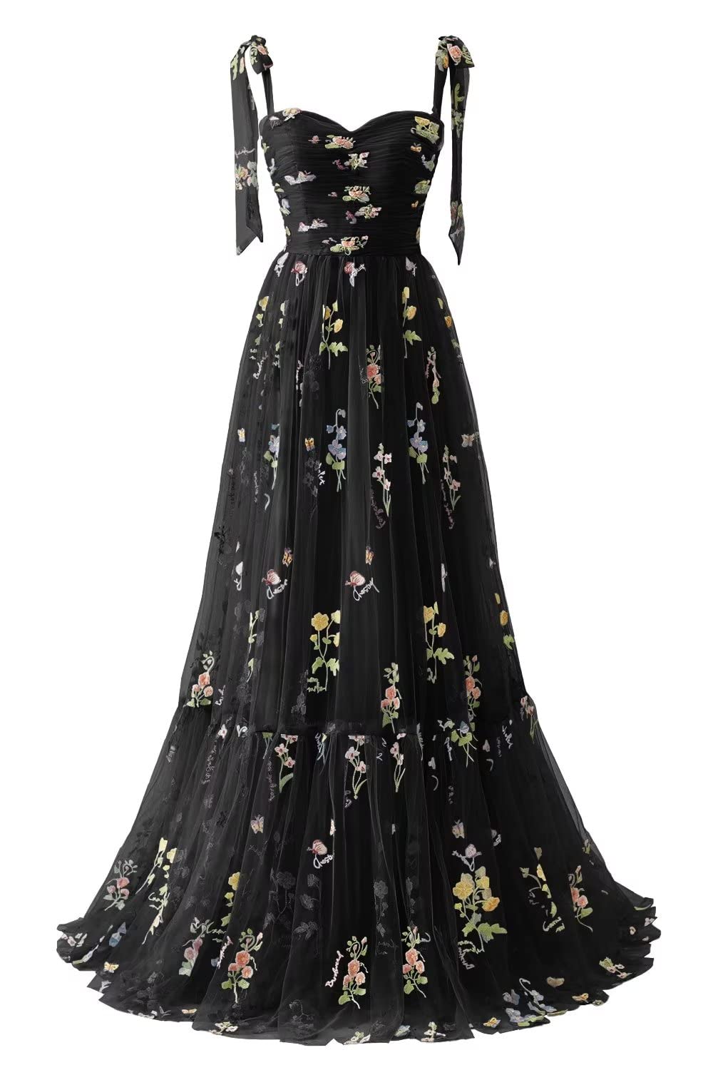 Black Floral Embroidery Tulle Flower Girl Dress with Tie Straps