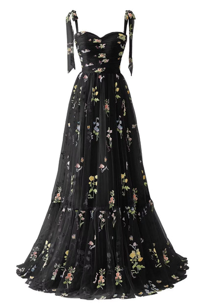 Black Floral Embroidery Tulle Flower Girl Dress with Tie Straps