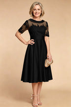 Champagne Imitation Stretch Satin Elbow Sleeve Tea-Length Mother Dresses