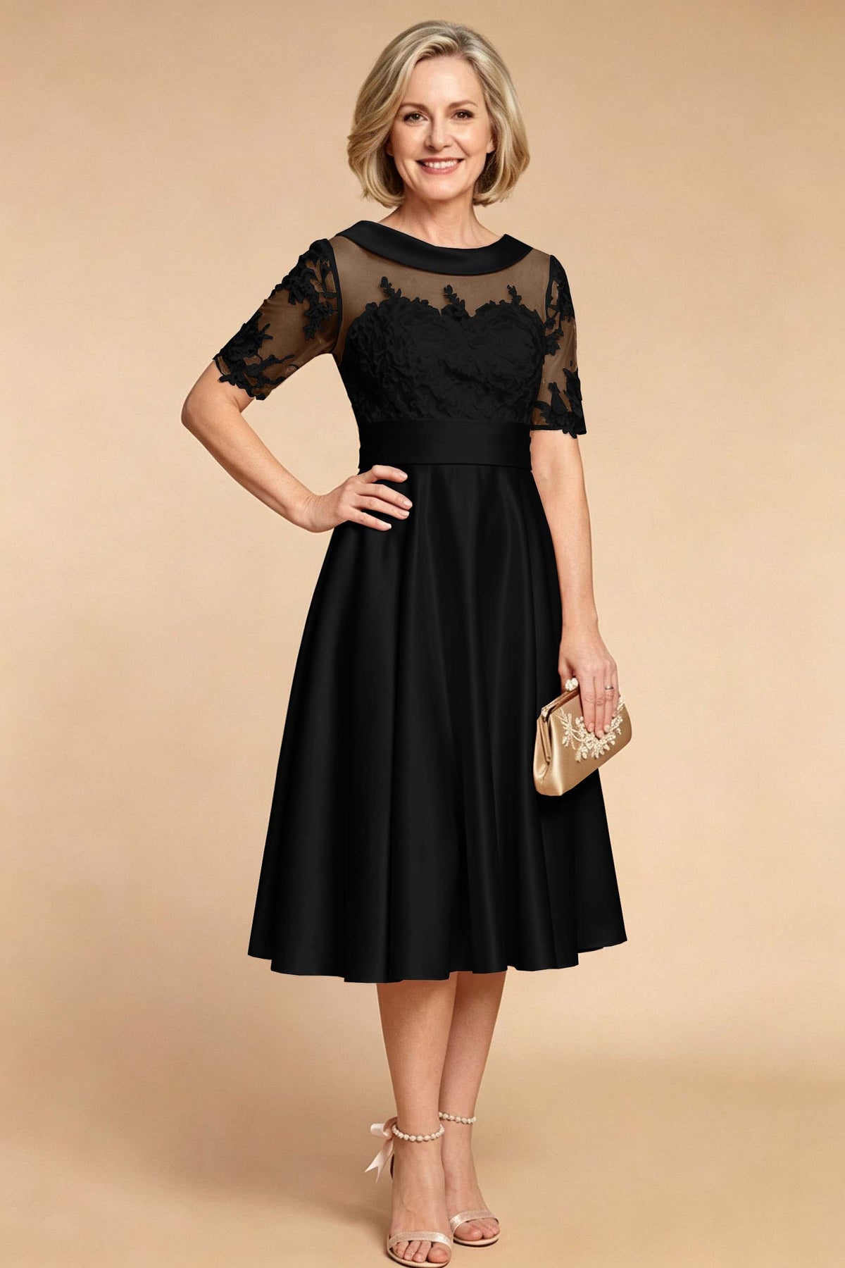 Champagne Imitation Stretch Satin Elbow Sleeve Tea-Length Mother Dresses