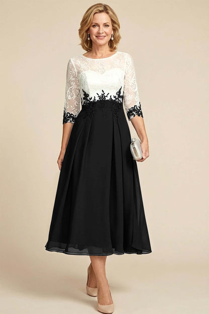 Navy Blue 3/4 Sleeve Two-Tone Lace Chiffon Mother Dresses