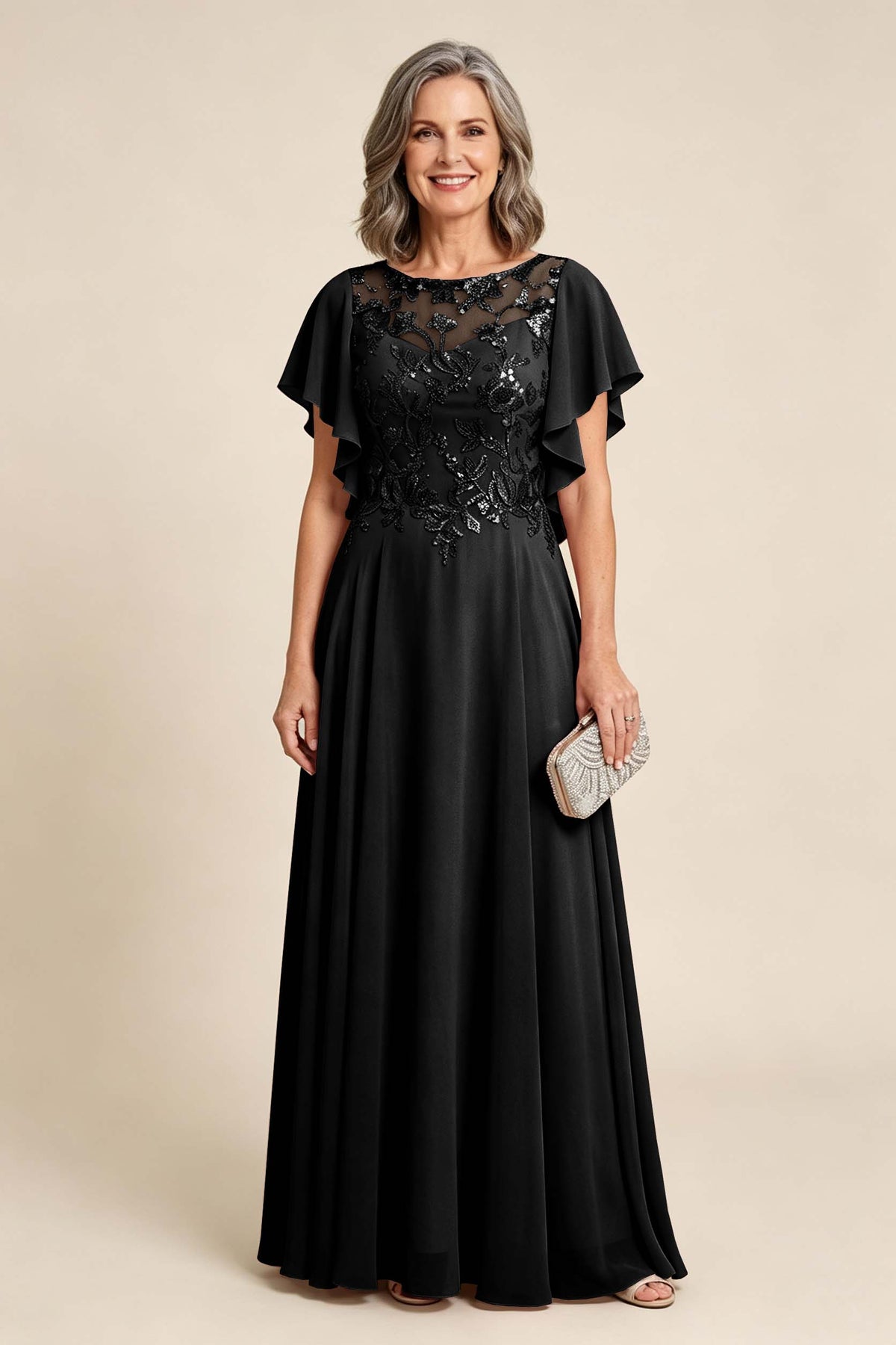 Lilac Scoop Neck Flutter Sleeve Lace Appliques Chiffon Mother Dresses
