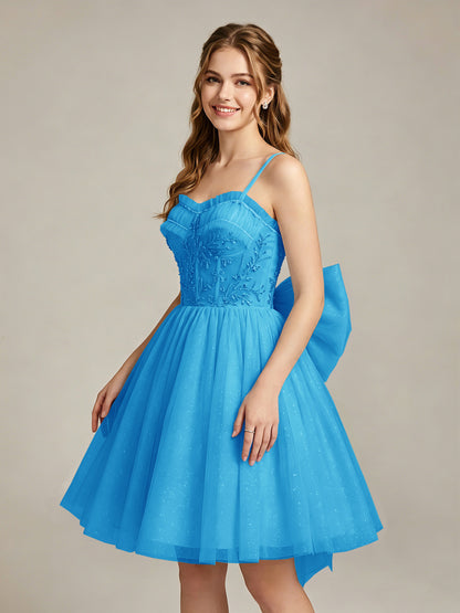 A-Line Light Cyan Sweetheart Tulle Homecoming Dresses with Lace Appliques