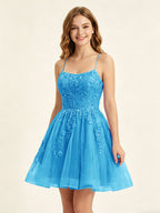 A Line Sequins Lilac Tulle Homecoming Dresses with Appliques