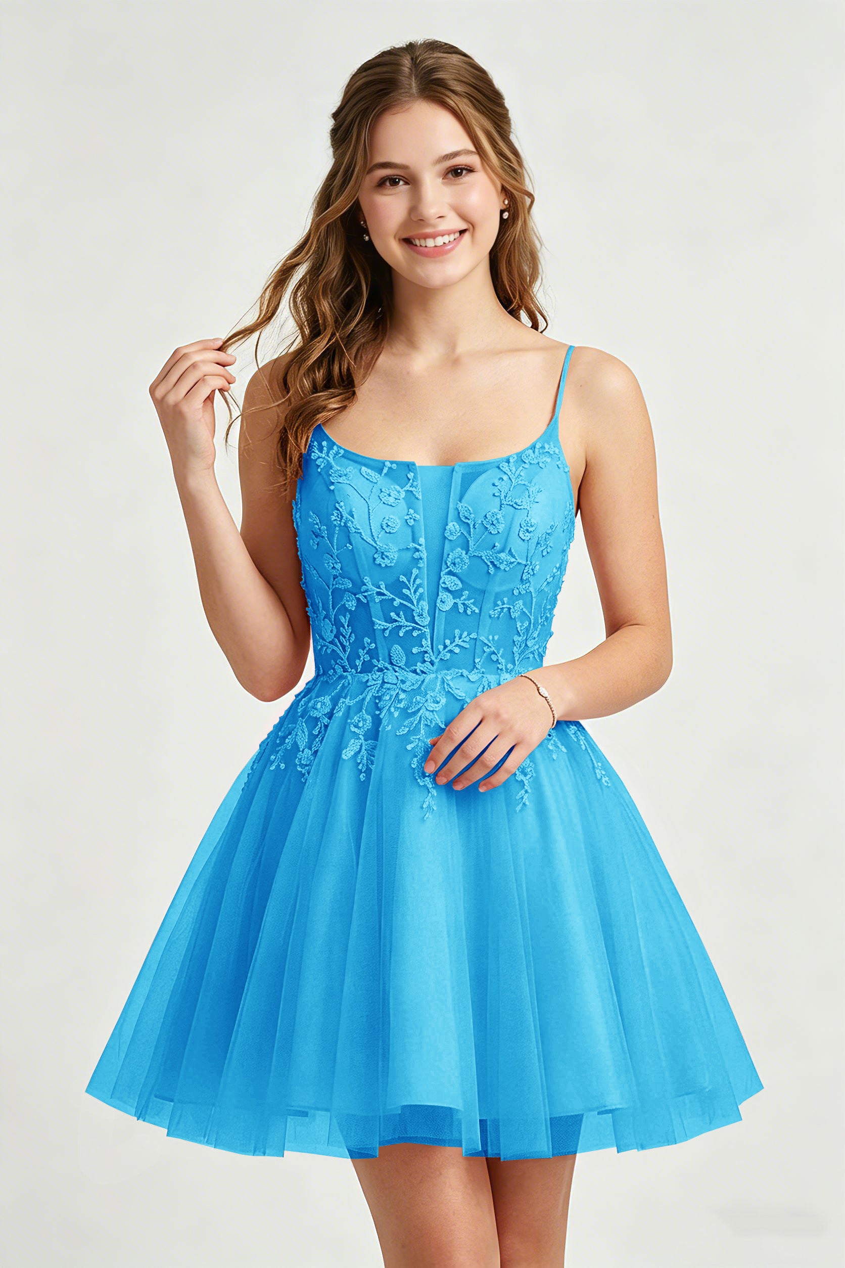 A Line Spaghetti Straps Pink Tulle Homecoming Dresses With Sequins