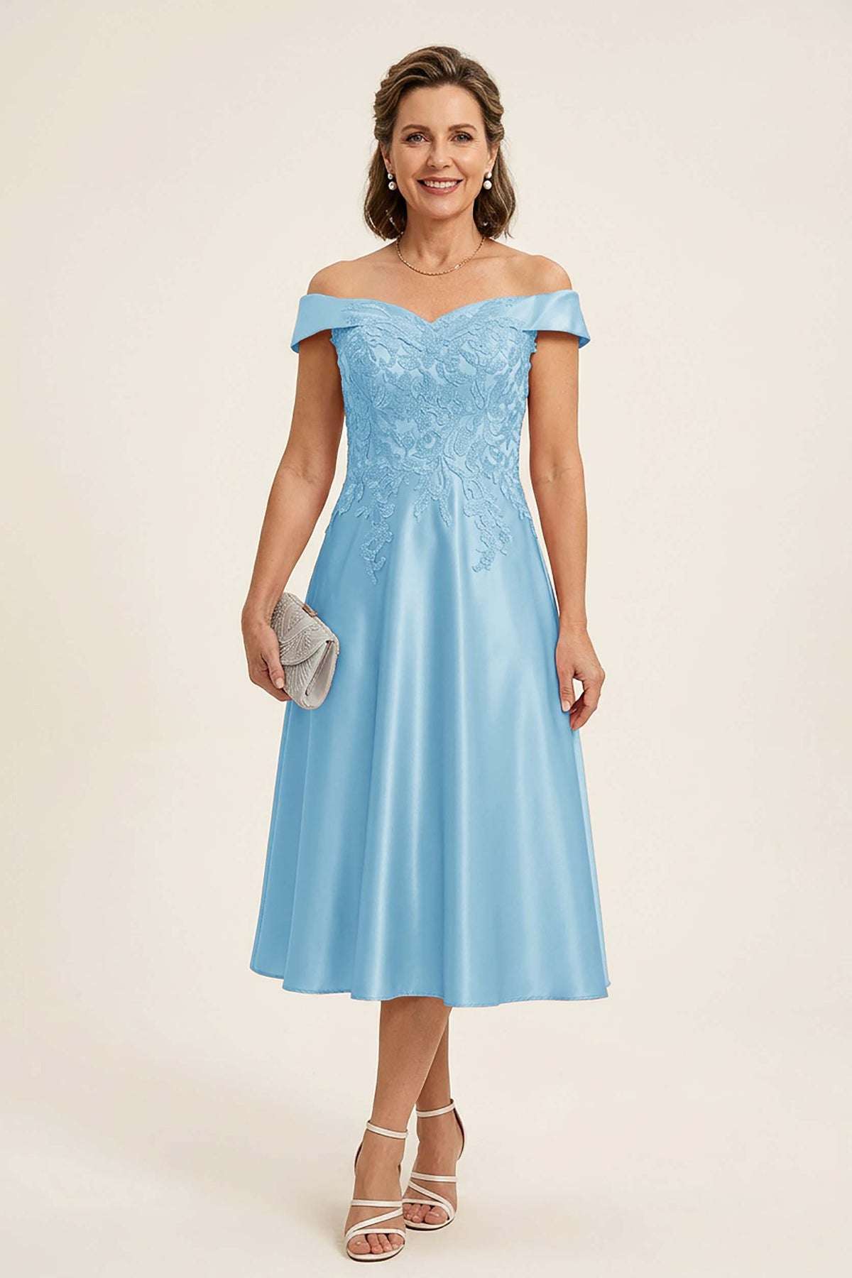 Peach Pink Off Shoulder Imitation Stretch Satin Tea-Length Mother Dresses