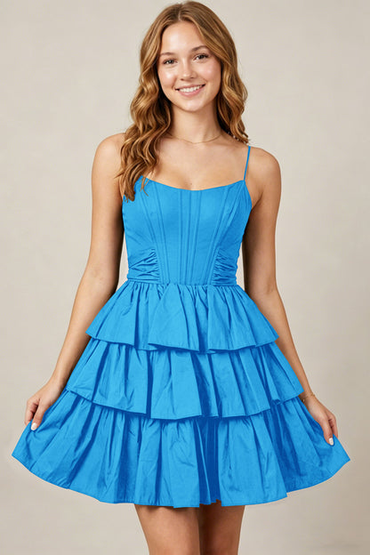 Spaghetti Straps Black Taffeta Tiered Mini Homecoming Dresses