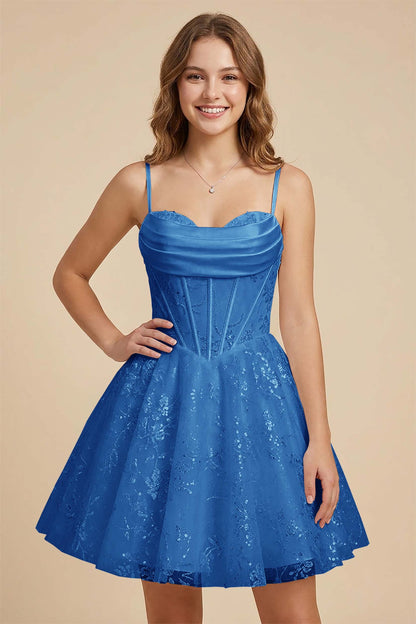 White Cowl Neck Sequin Satin Corset Homecoming Dresses