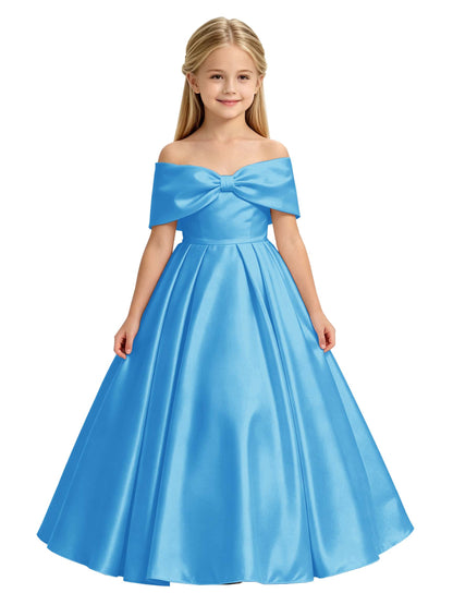 Off-the-Shoulder Satin Ball Gown Flower Girl Dress with Big Back Bow