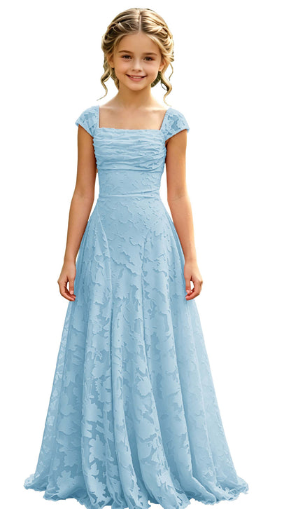 Elegance Blush Pink Lace Cap Sleeve A-Line Flower Girl Dress with Lace-Up Back