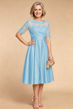 Champagne Imitation Stretch Satin Elbow Sleeve Tea-Length Mother Dresses