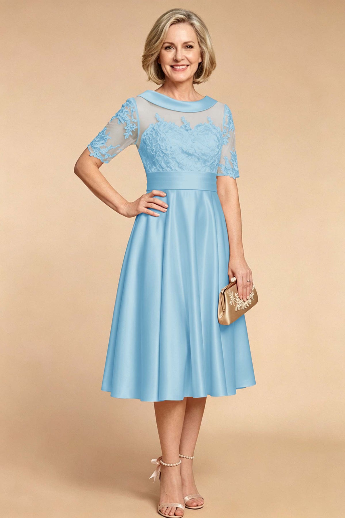 Champagne Imitation Stretch Satin Elbow Sleeve Tea-Length Mother Dresses