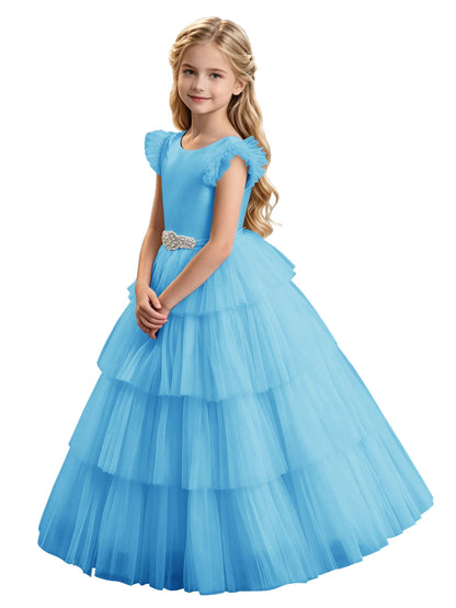 Sky Blue Tiered Tulle Flower Girl Dress with Rhinestone Belt & V-Back