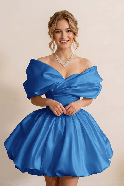 Ivory Off-the-Shoulder Bubble Hem Satin Homecoming Dresses
