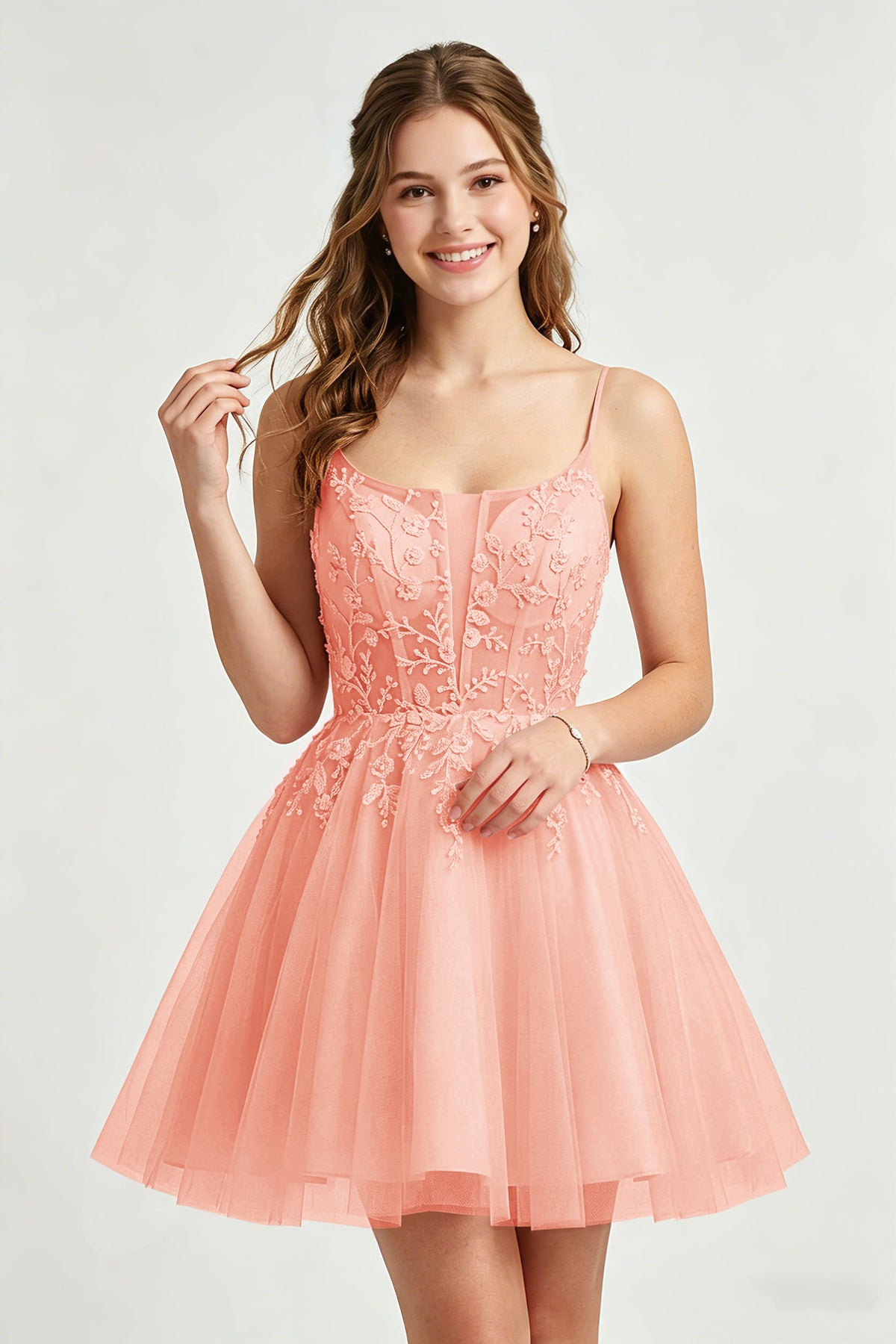 A Line Spaghetti Straps Pink Tulle Homecoming Dresses With Sequins