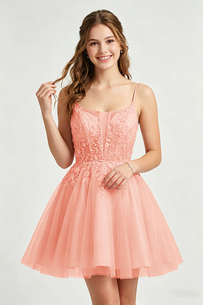 A Line Spaghetti Straps Pink Tulle Homecoming Dresses With Sequins