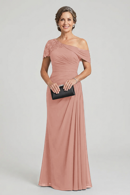 Black One-Shoulder Beaded Ruched Chiffon Mother Dresses